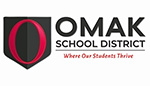 Omak School District logo in black and red with a red O placed over a black graphic