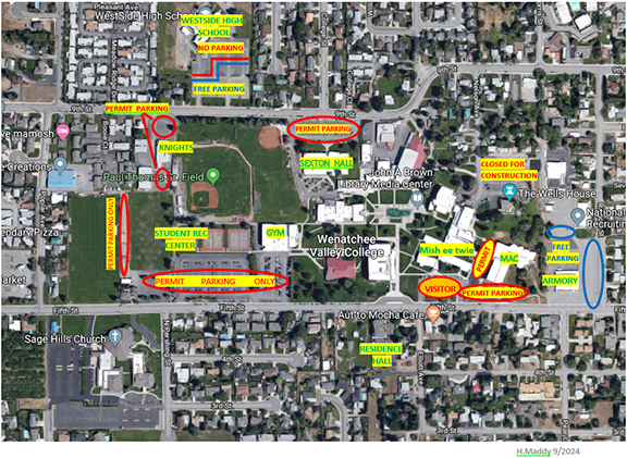 Wenatchee Valley College parking map showing permit and free parking areas