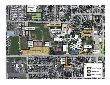 Wenatchee Valley College parking map showing permit and free parking areas