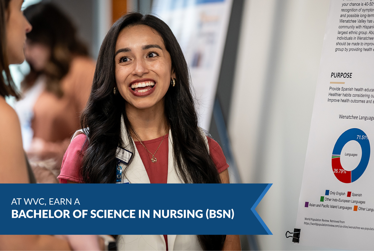 A nursing student and text that says "At WVC earn a Bachelor of Science of Nursing (BSN)"