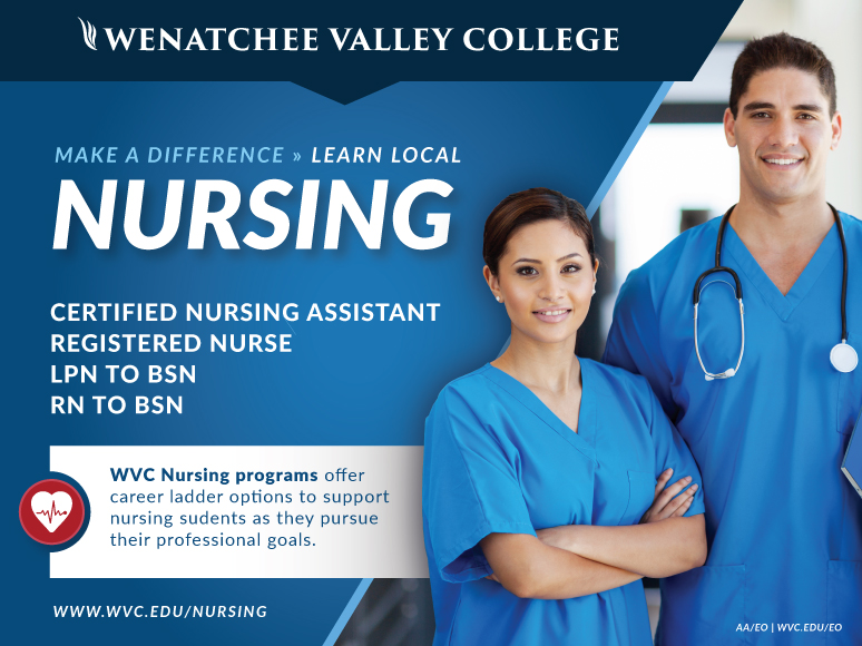 Nursing rogram flyer with female and male nurse. Title reads; "Make a difference, learn local. Nursing."